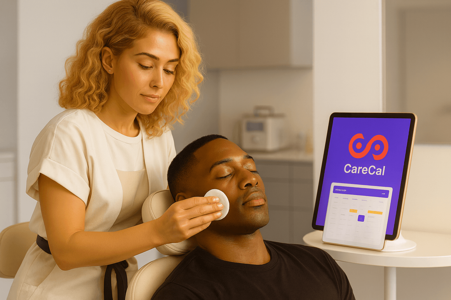 Professionele schoonheidsspecialist gebruikt CareCal dashboard tijdens gezichtsbehandeling in moderne salon